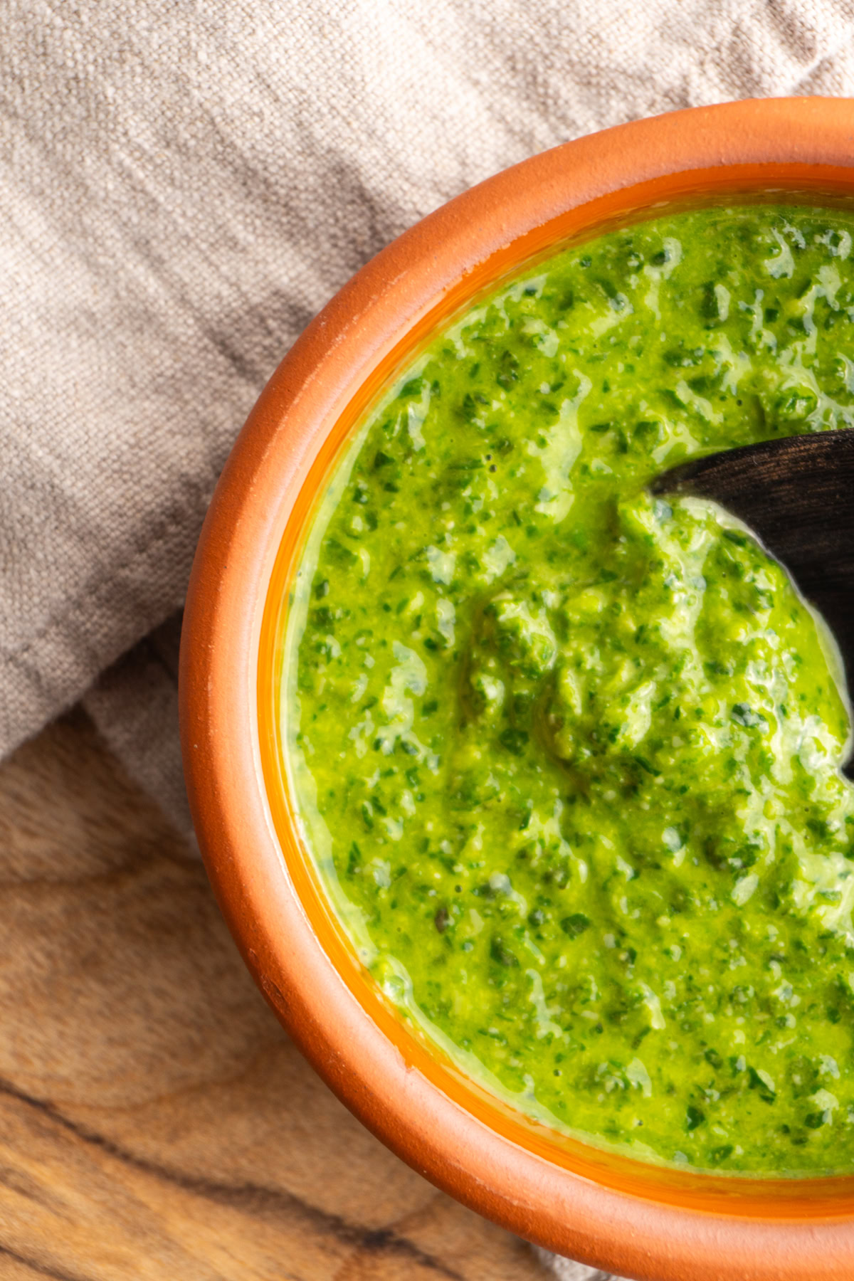Close up pesto sauce in a bowl.