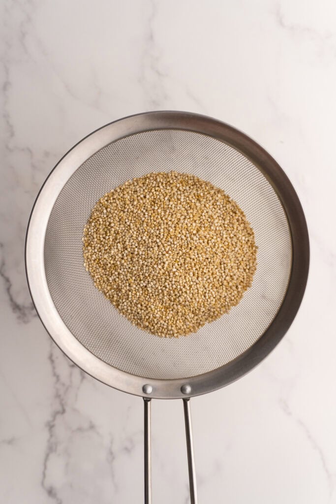 Dry quinoa in a fine mesh strainer.
