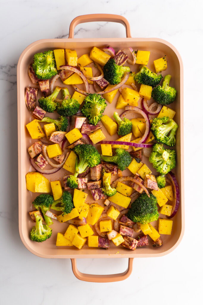 Vegetables on a sheet pan before roasting.