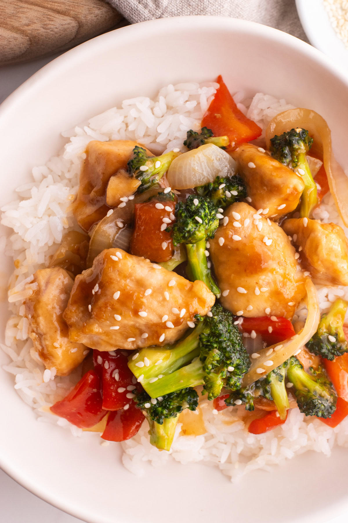 Teriyaki chicken bowl with white rice.