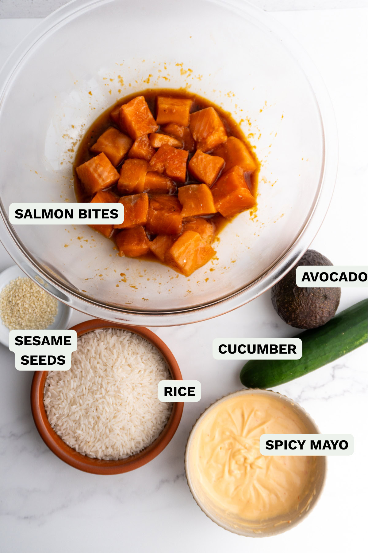Ingredients needed to make air fryer salmon bowls.