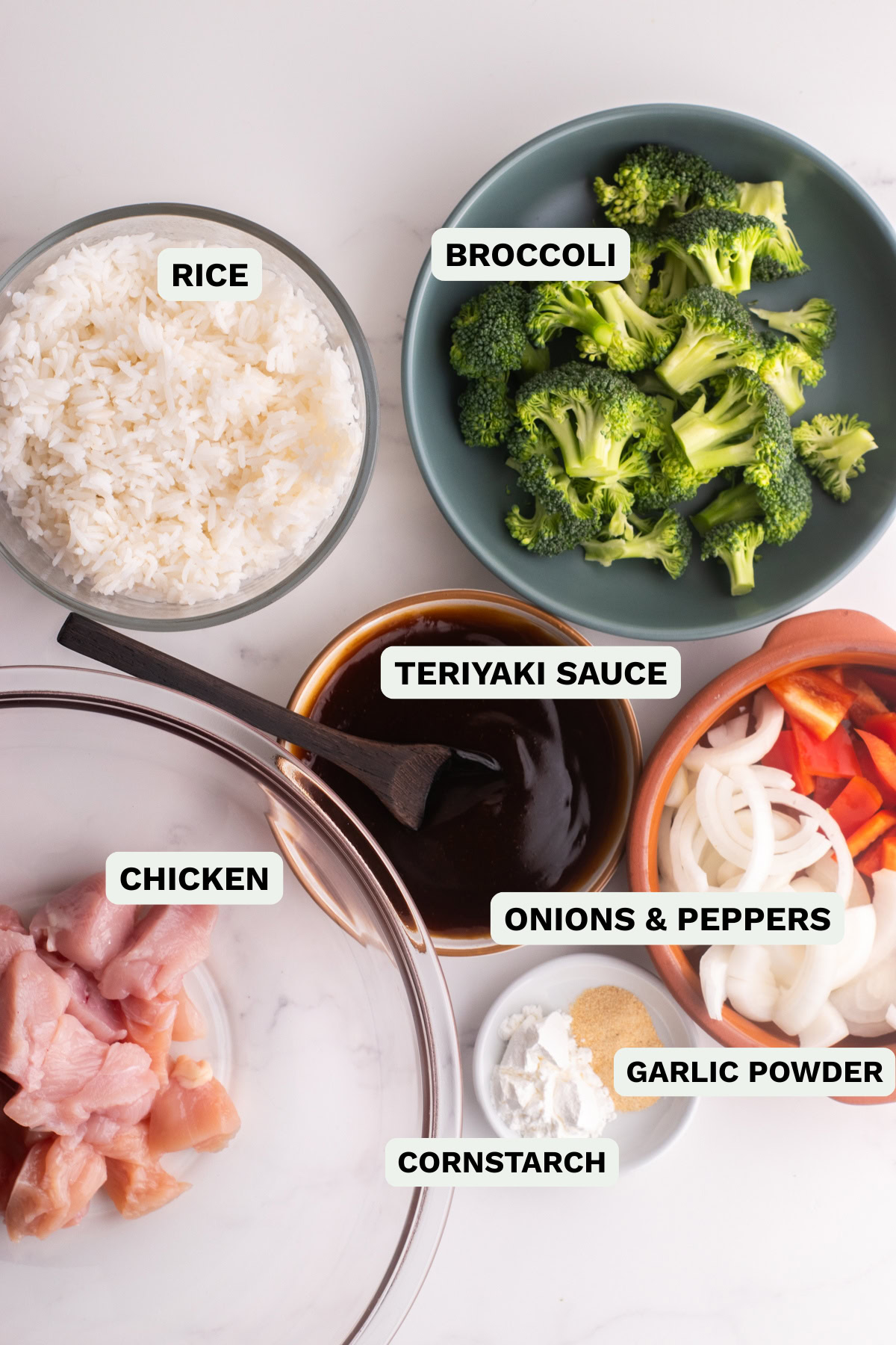 Ingredients needed to make teriyaki chicken bowls.