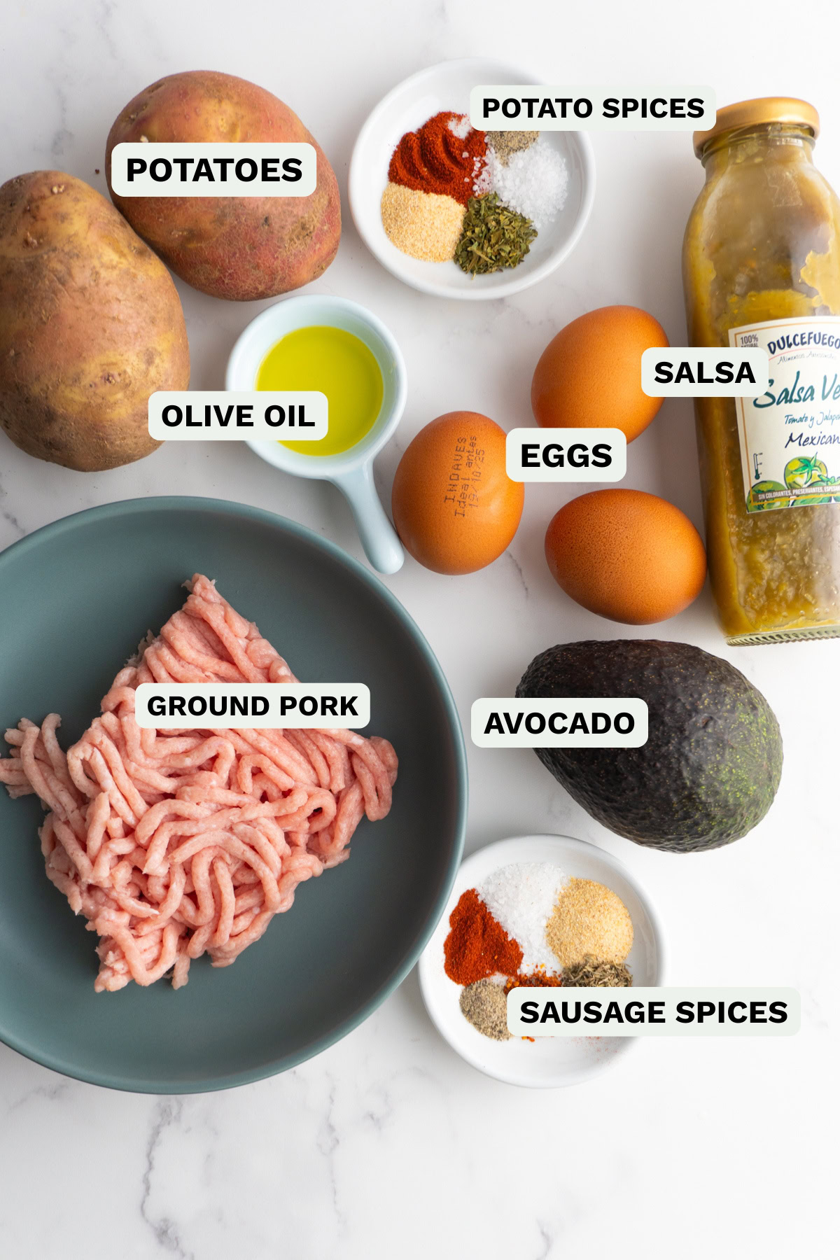Ingredients needed to make breakfast burrito bowls.