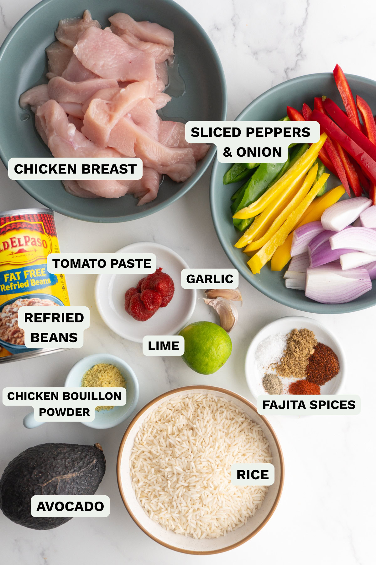 Ingredients needed to make chicken fajita bowls.