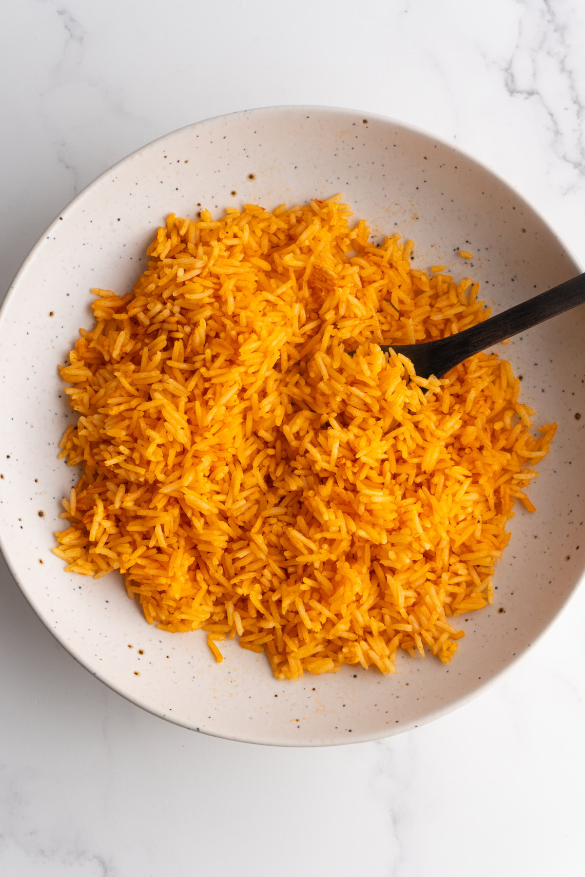 Overhead shot of finished Mexican rice in a bowl.