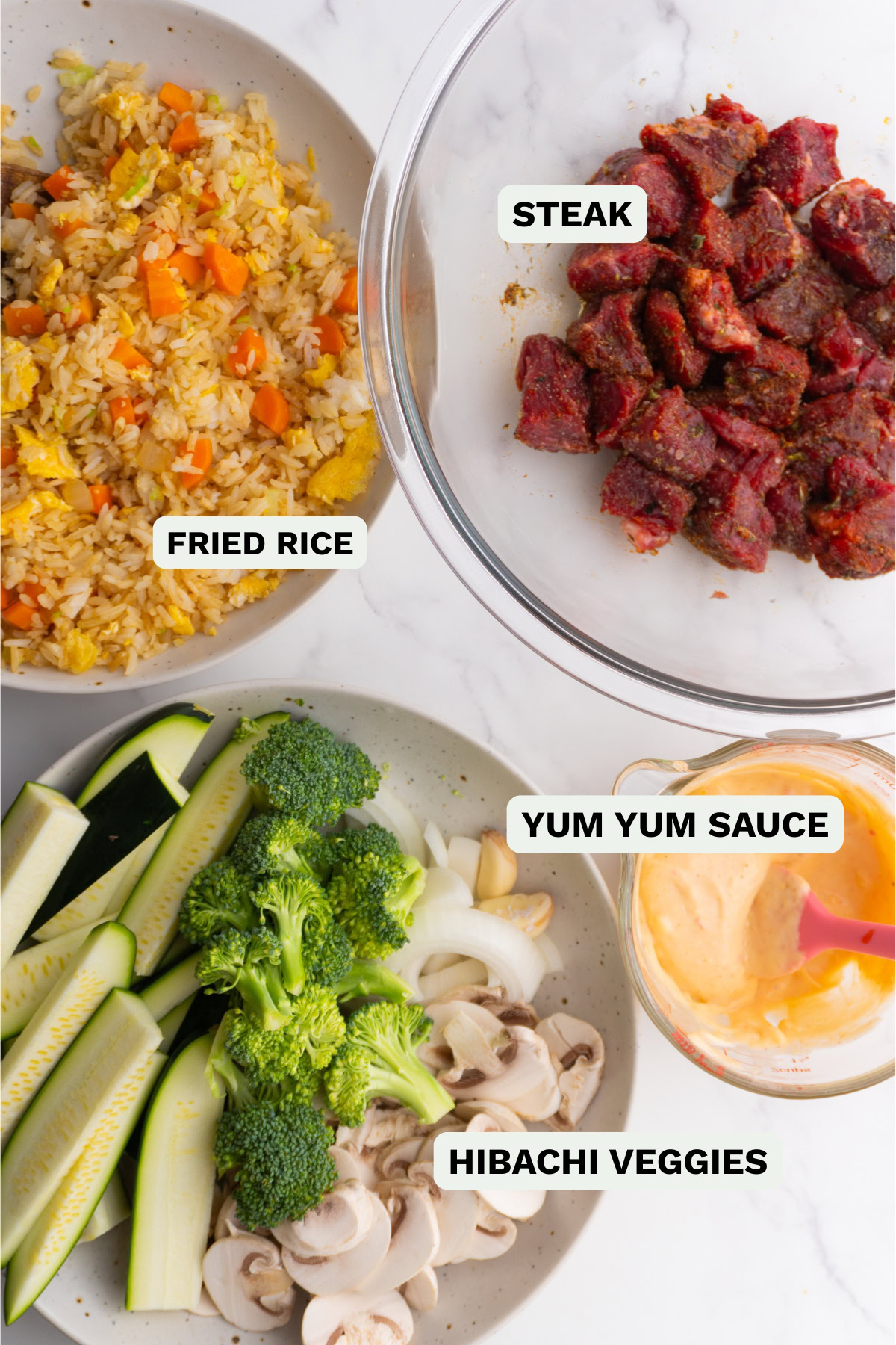 Ingredients needed to make hibachi bowls.