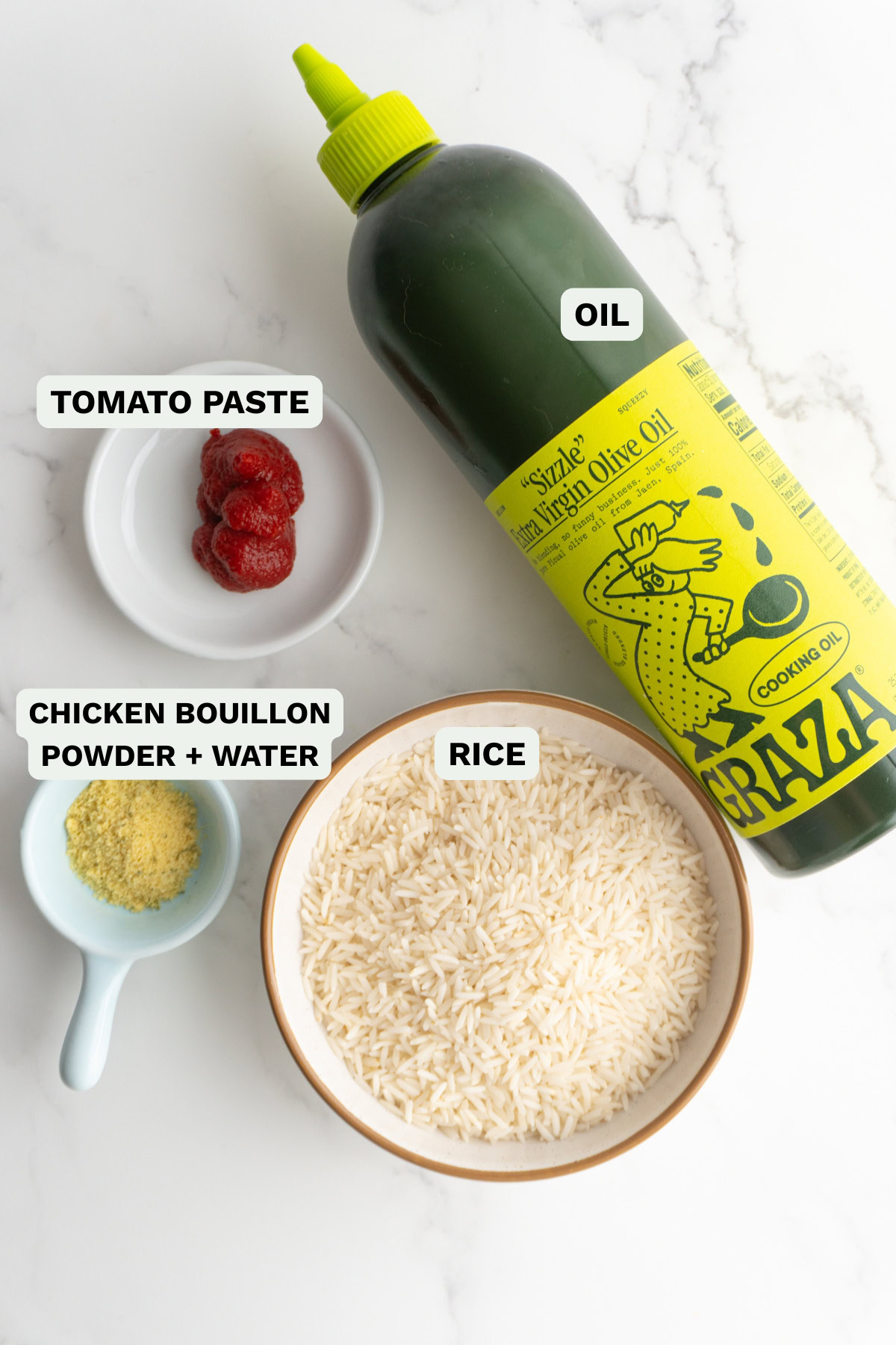 Ingredients needed to make homemade Mexican rice.