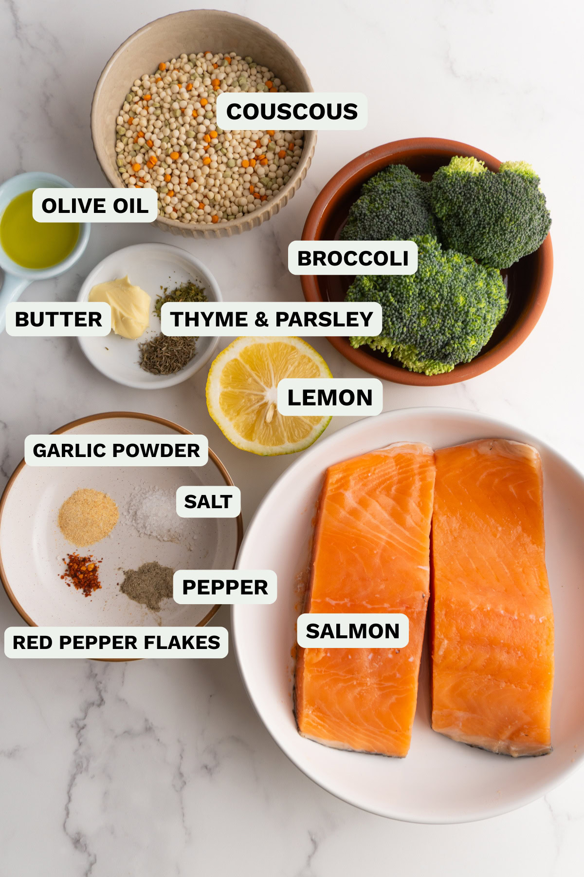 Ingredients needed to make salmon couscous bowls.