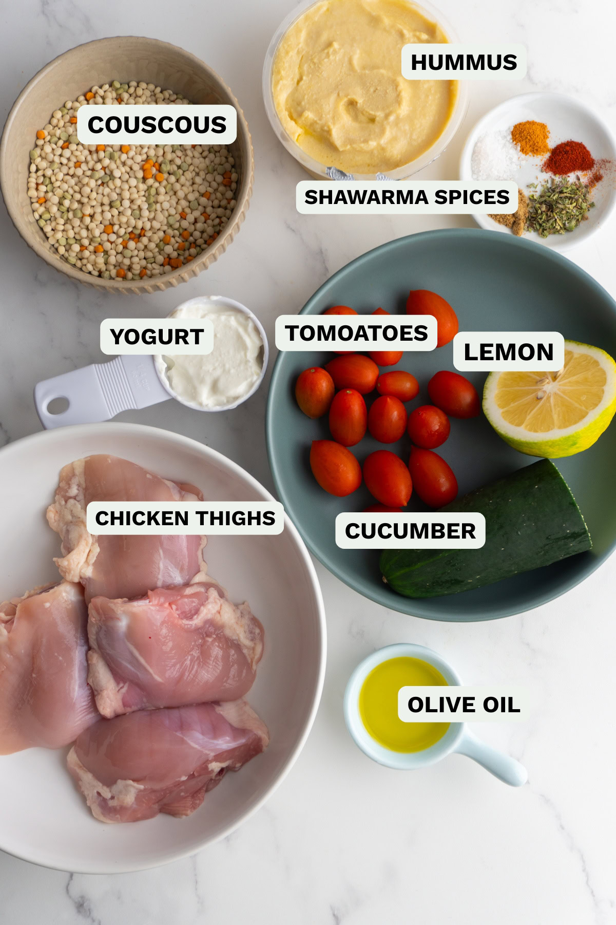 Ingredients needed to make shawarma hummus couscous bowls.