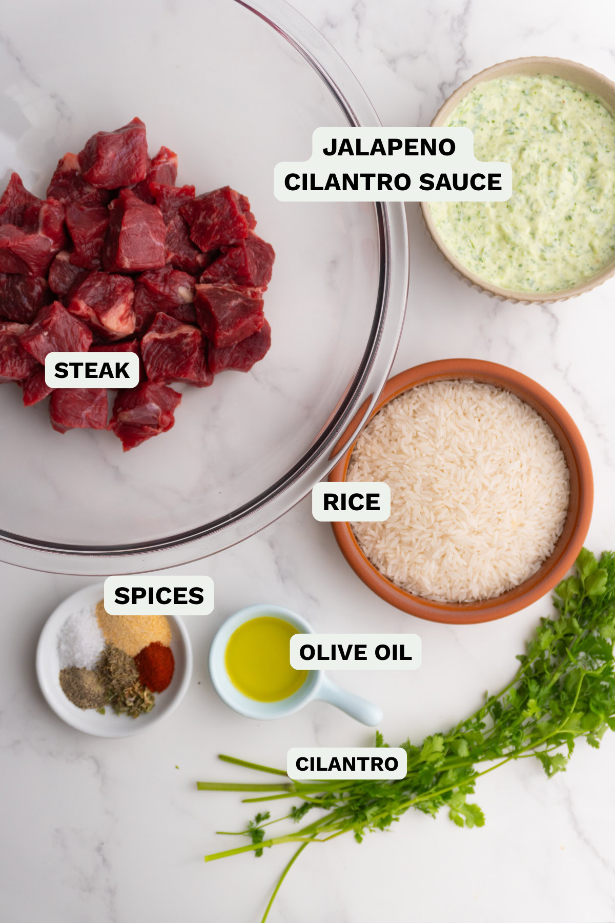 Ingredients needed to make steak taco bowls.