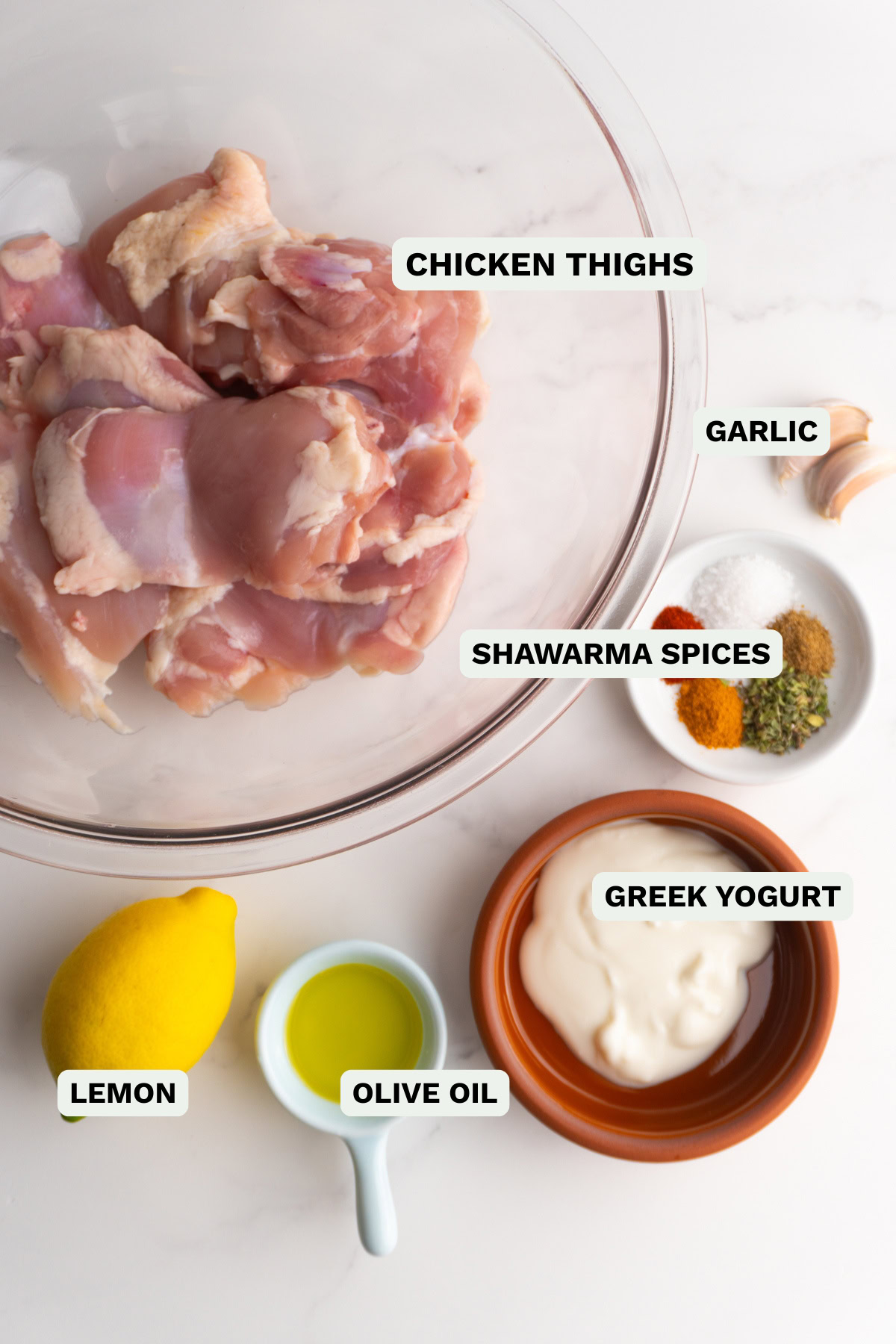 Ingredients needed to make chicken shawarma marinade.