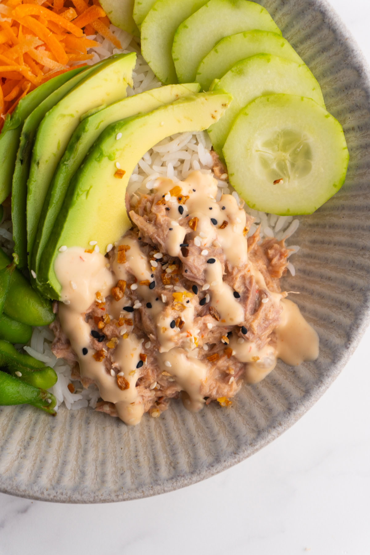 Close up of the spicy tuna in a spicy tuna bowl.