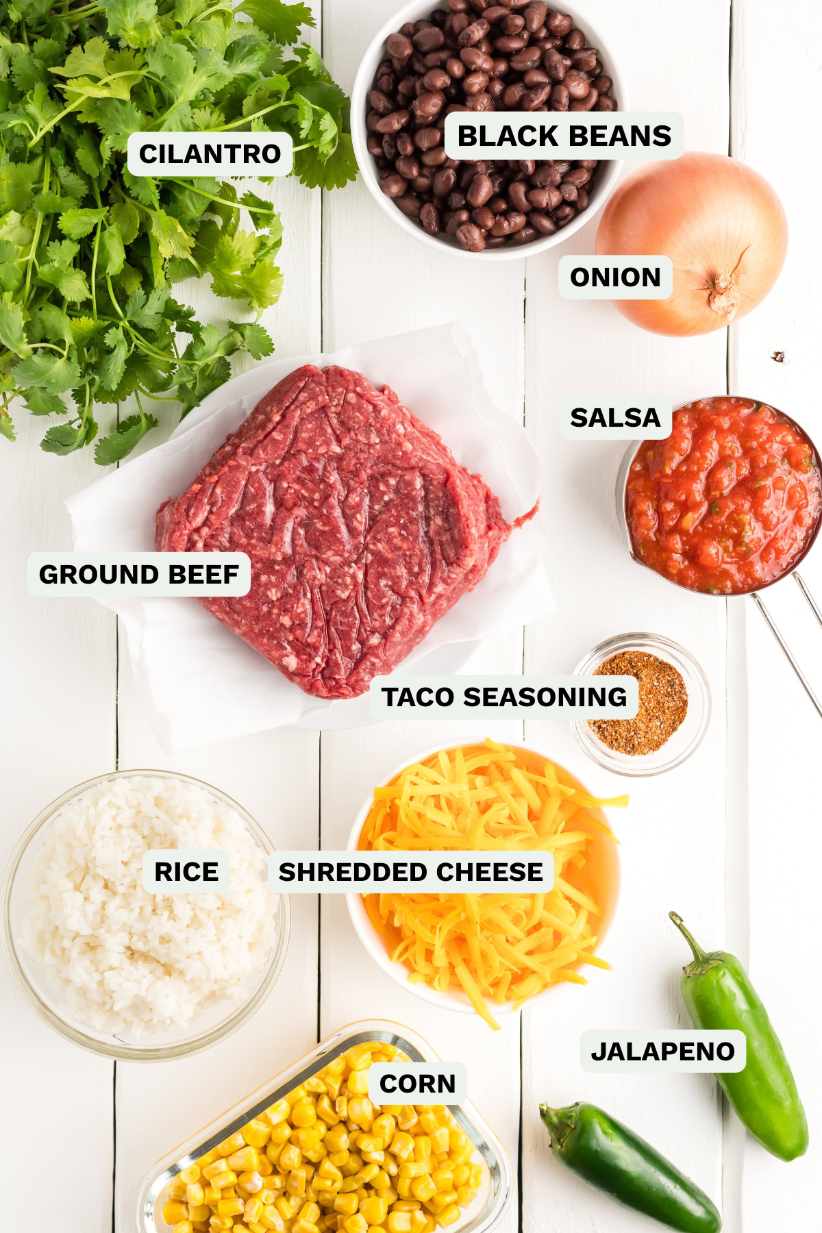 Ingredients needed to make easy taco bowls.