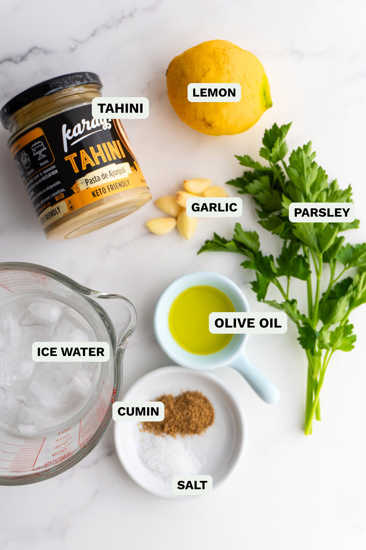 Ingredients needed to make lemon herb tahini dressing.