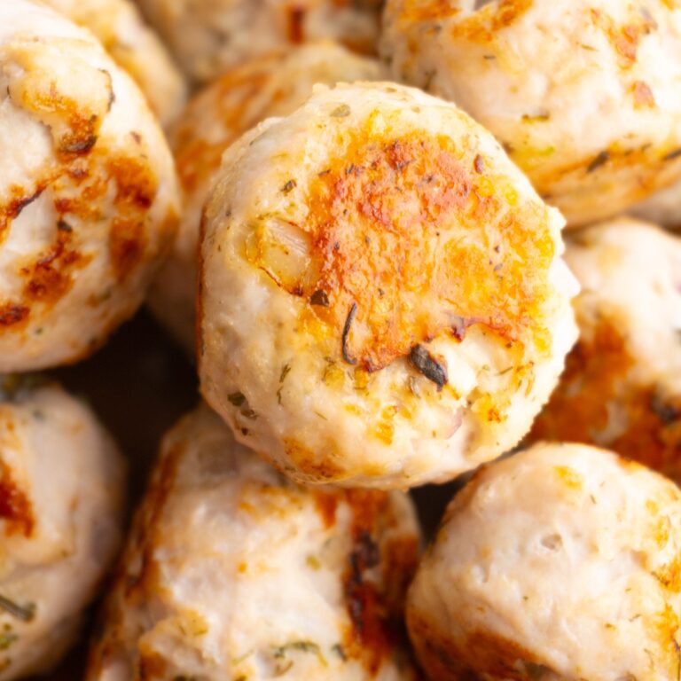 Greek turkey meatballs piled on top of each other.