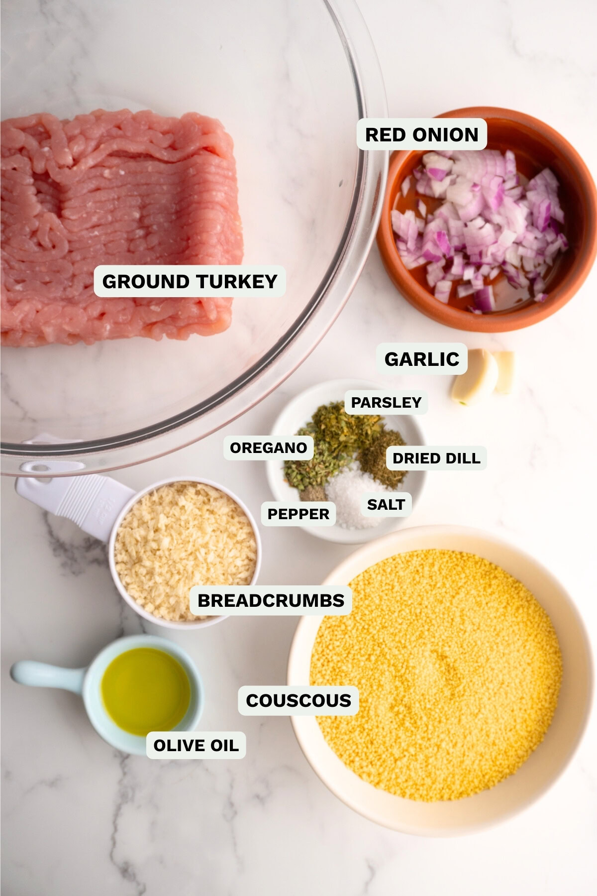 Ingredients needed to make Mediterranean meatball bowls.