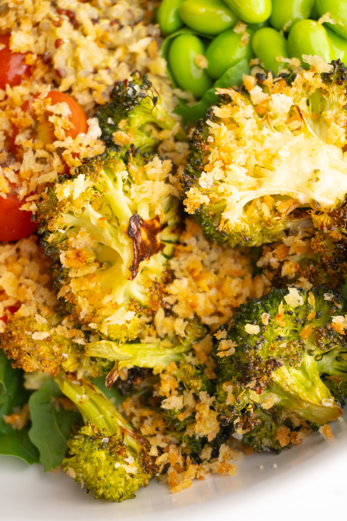 Close up of roasted broccoli with garlic breadcrumbs on top.