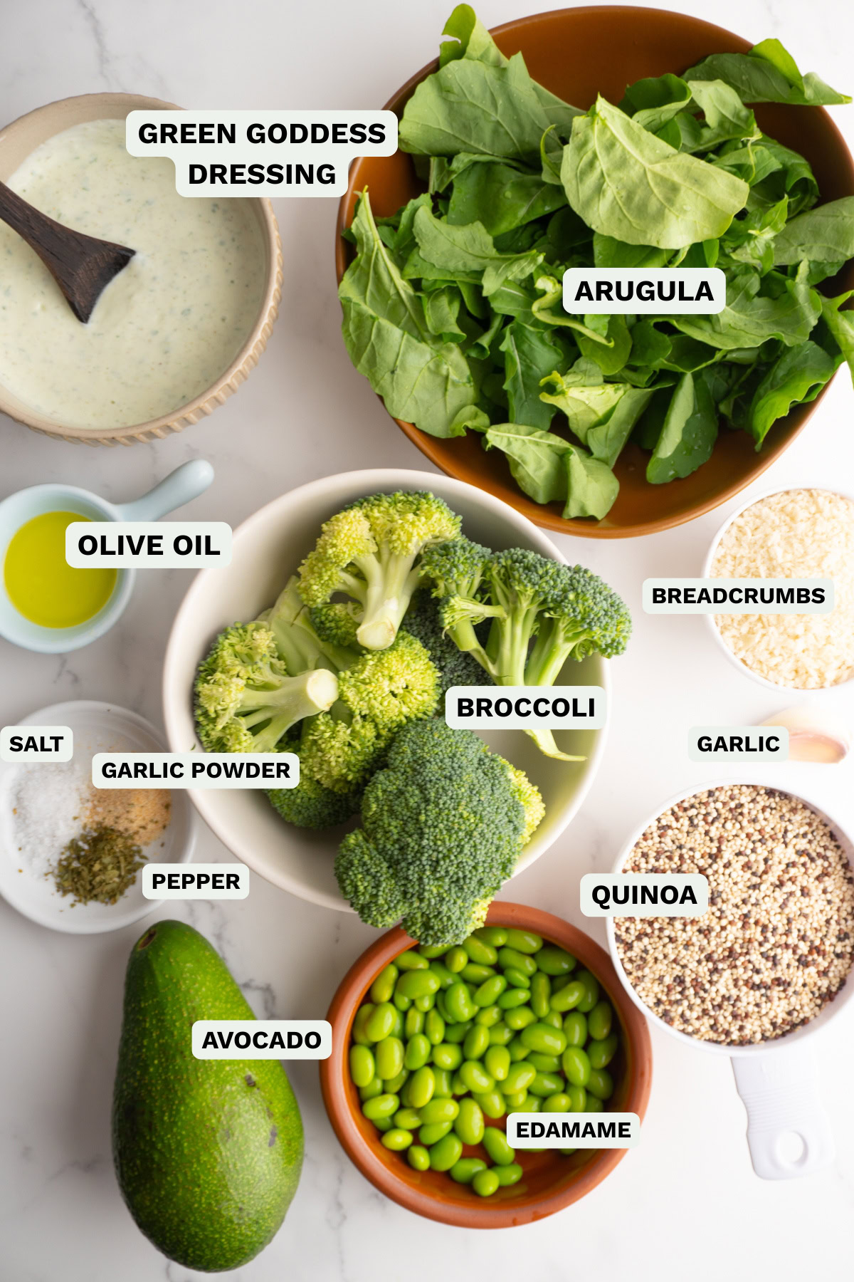 Ingredients needed to make green goddess bowls.