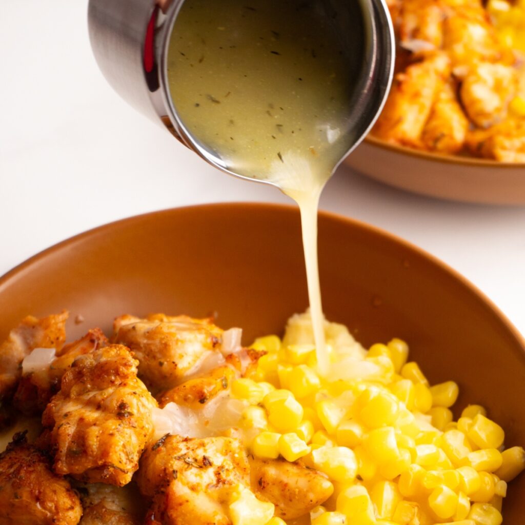 Close up of the chicken stock gravy being poured onto a meal.