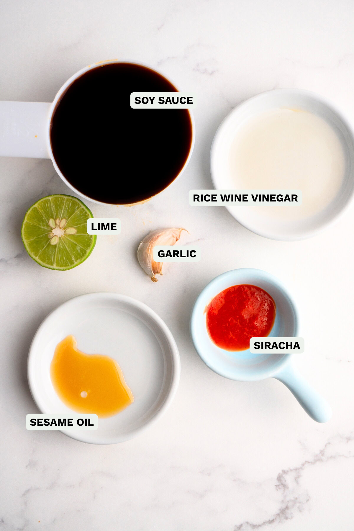 Ingredients needed to make poke bowl sauce.