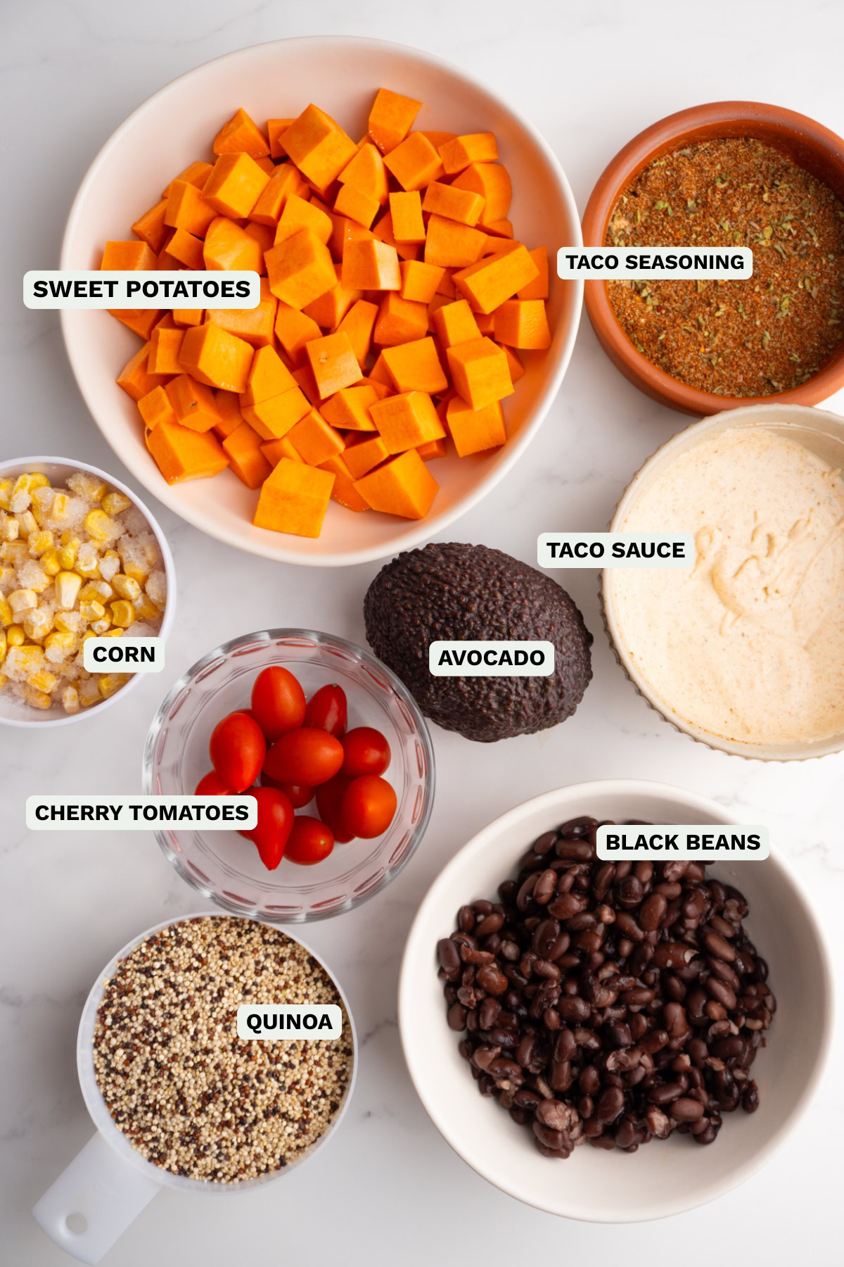 Ingredients needed to make sweet potato taco bowls.