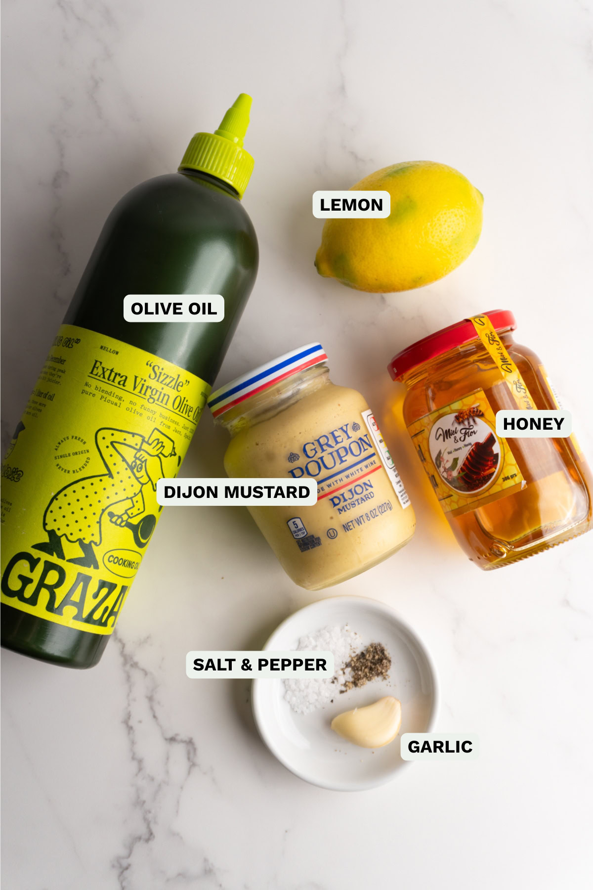Ingredients needed to make honey dijon vinaigrette.