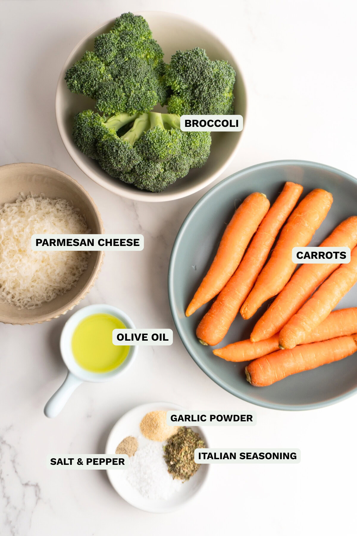 Ingredients needed to make roasted carrots and broccoli.