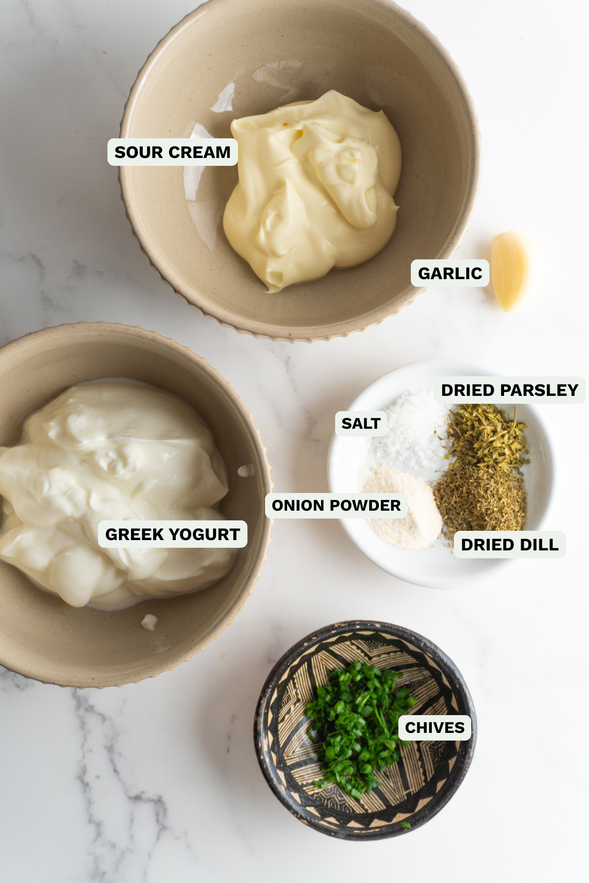 Ingredients needed to make healthy ranch dressing.