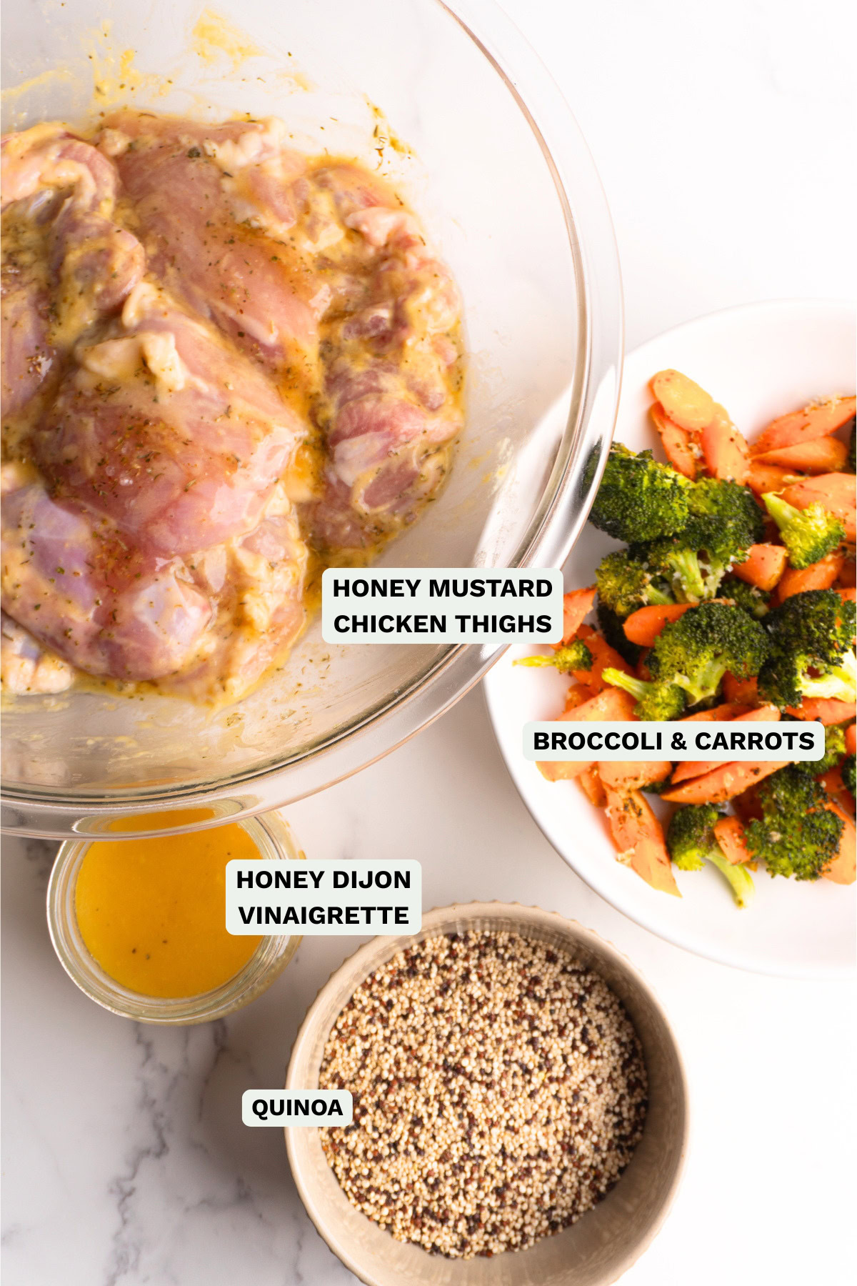 Ingredients needed to make honey mustard chicken bowls.