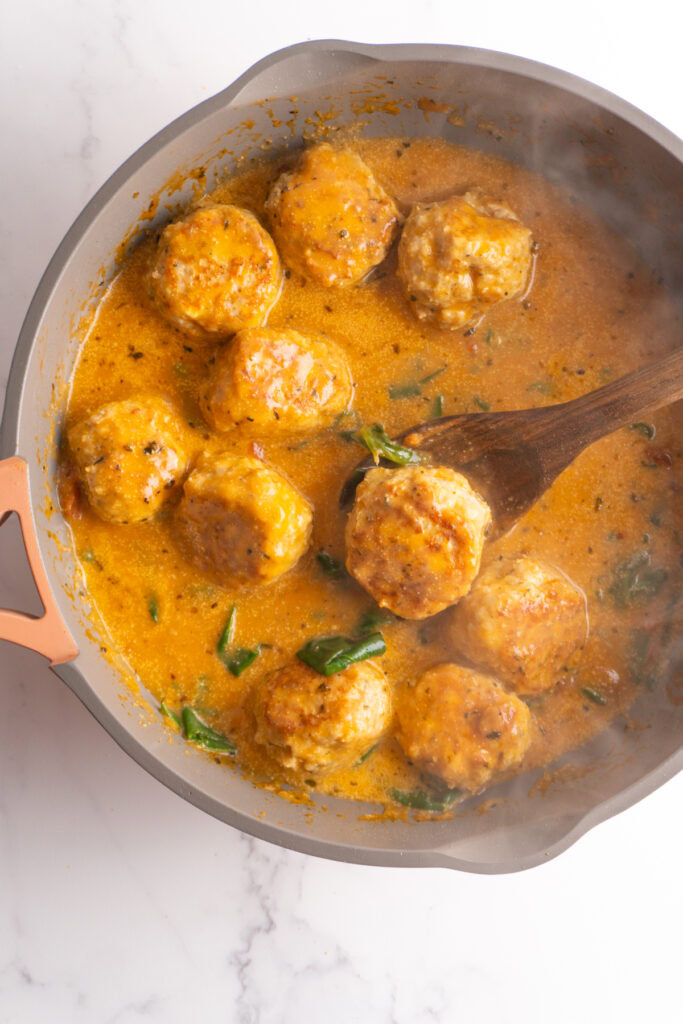 Finished marry me meatballs in a skillet.