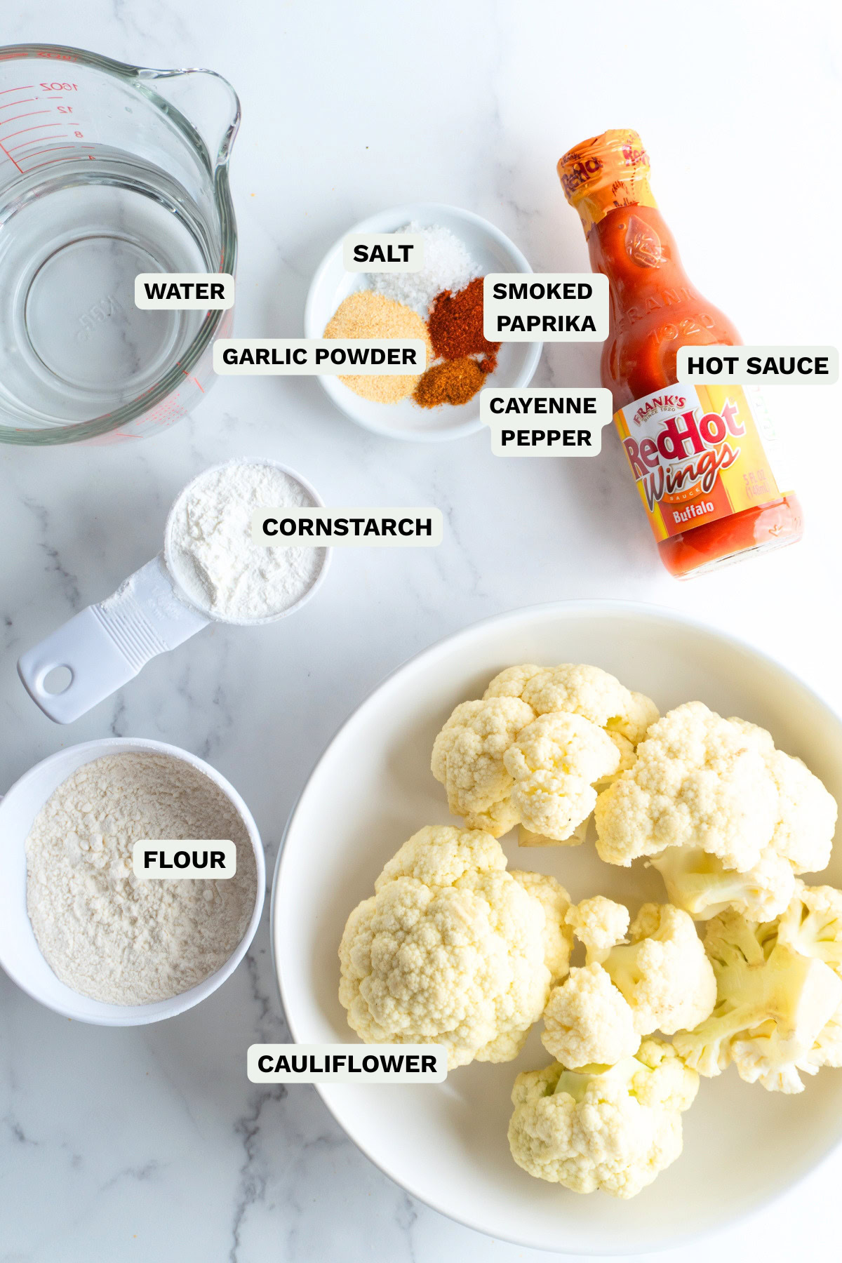 Ingredients needed to make air fryer buffalo cauliflower.