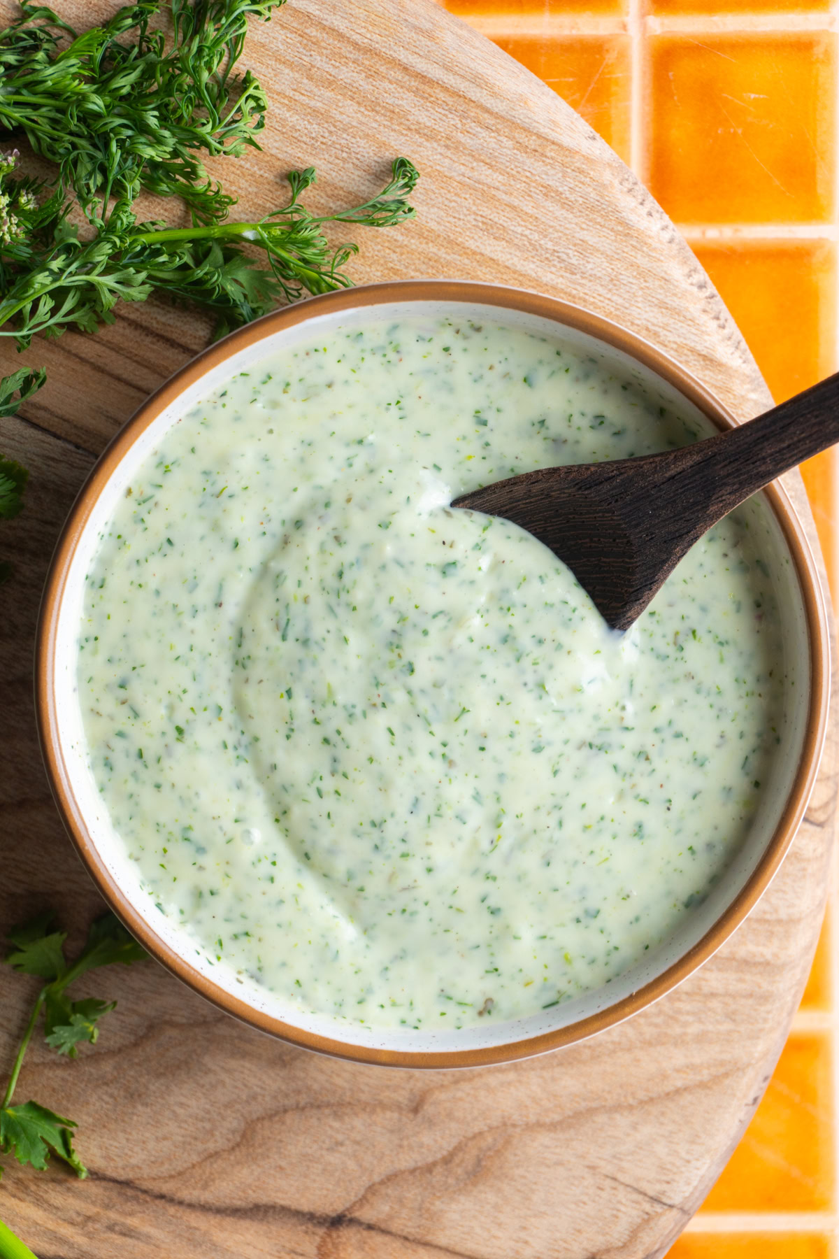 Cilantro ranch dressing in a small bowl.