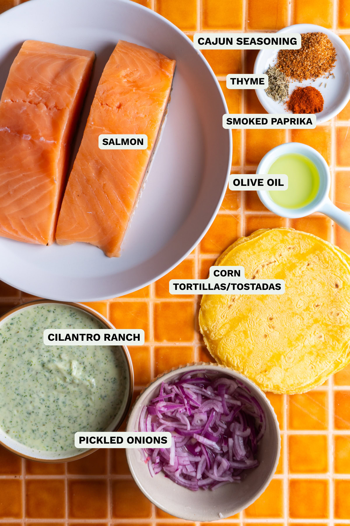 Ingredients needed to make salmon tostadas.