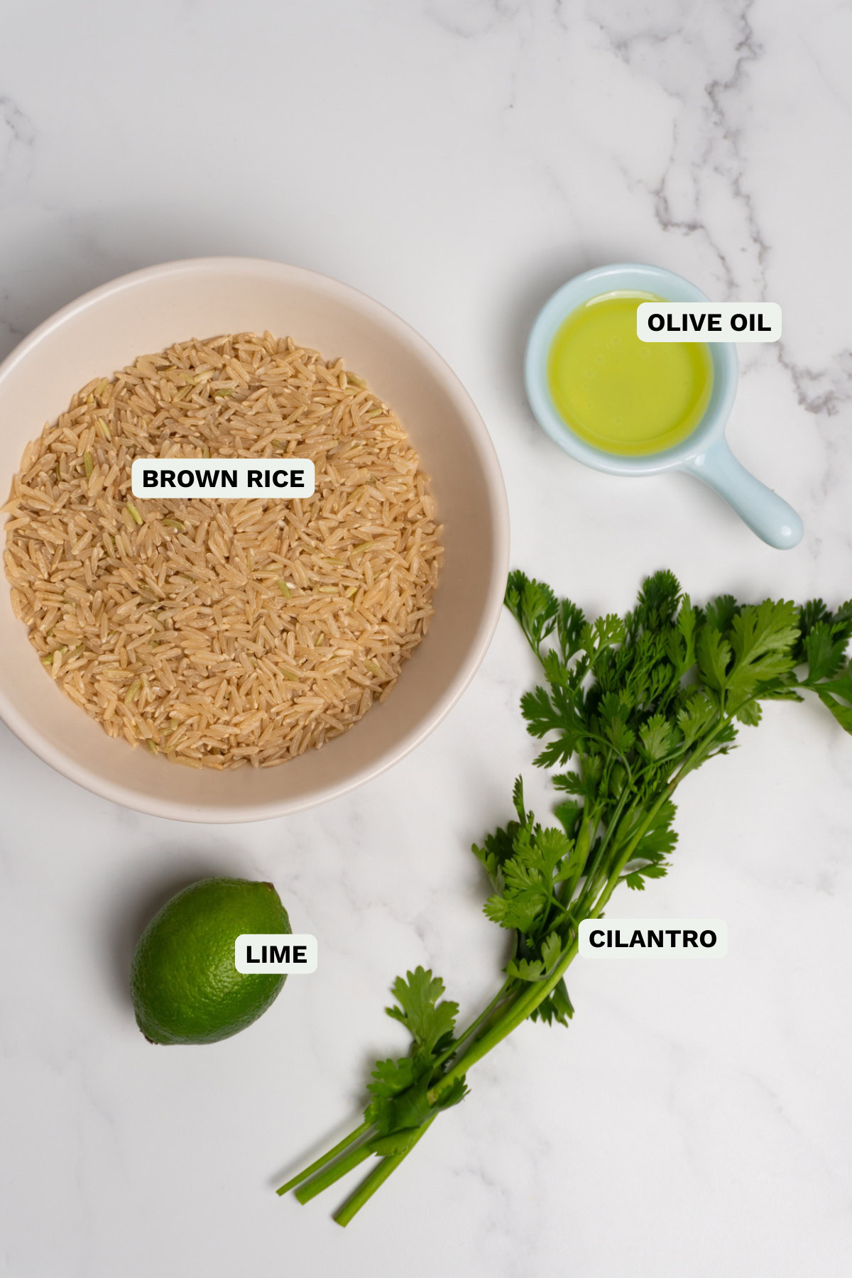 Ingredients needed to make cilantro lime brown rice.